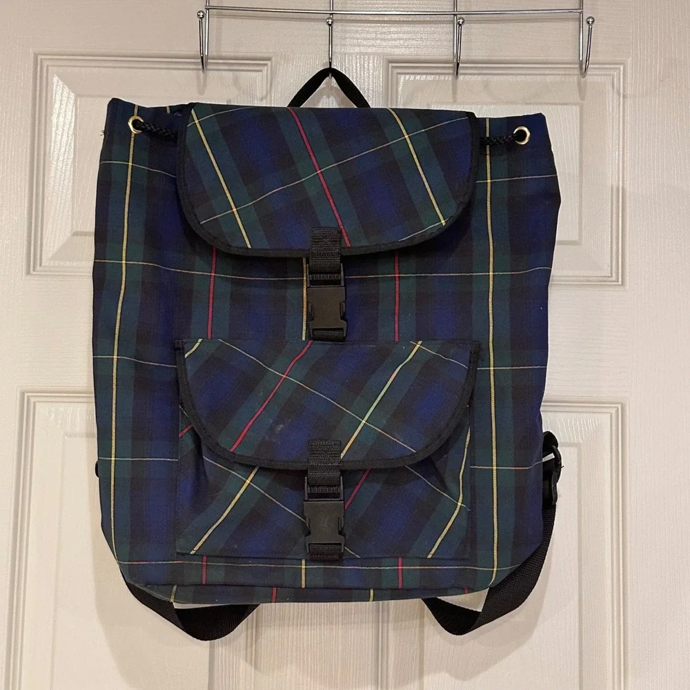 Vintage Plaid Backpack Navy Green Tartan School Bag Buckle Closure Large